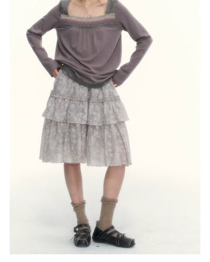 Misty Gray Pink Vintage Lace Tiered A-Line Skirt