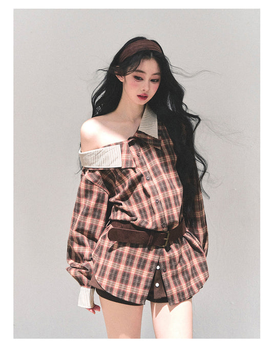 少也眼 “The Street She Passed” Off-Shoulder Plaid Shirt with Belt - Mocha Brown 45368364