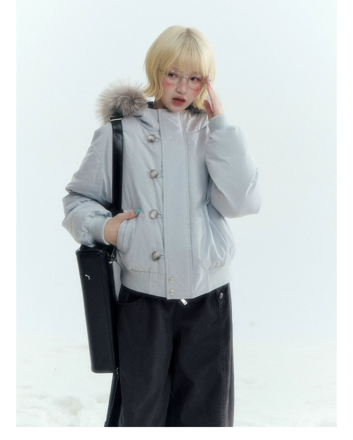 Horridale - Mist Blue Hooded Down Jacket with Detachable Faux Fur Collar