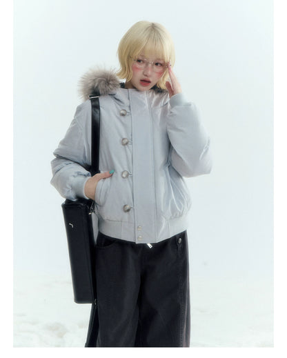 Horridale - Mist Blue Hooded Down Jacket with Detachable Faux Fur Collar