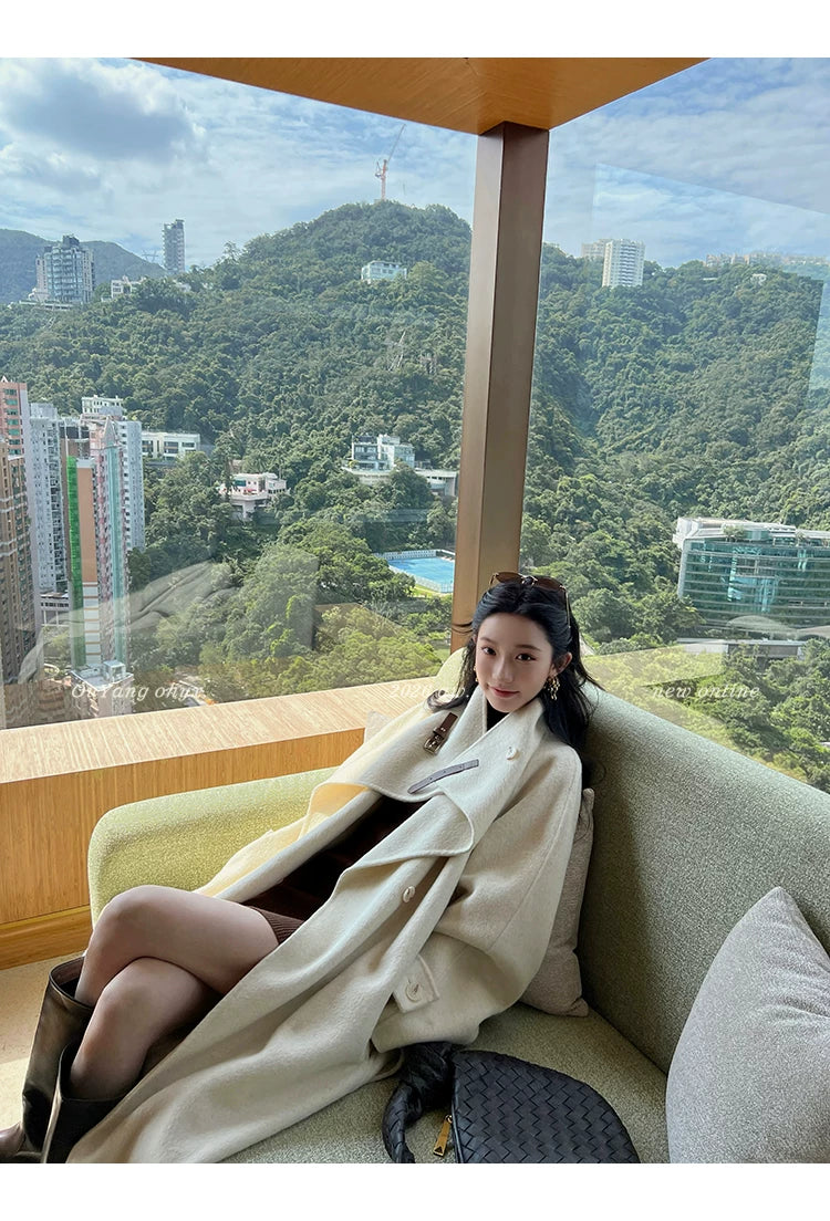 QuQuOuYang - 100% Wool Double-Face Belted Coat with Convertible Collar