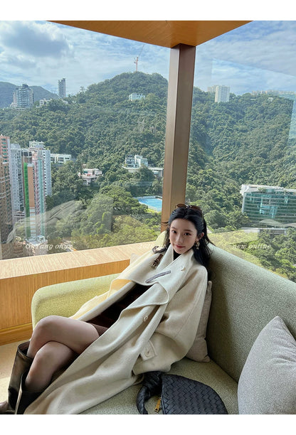 QuQuOuYang - 100% Wool Double-Face Belted Coat with Convertible Collar