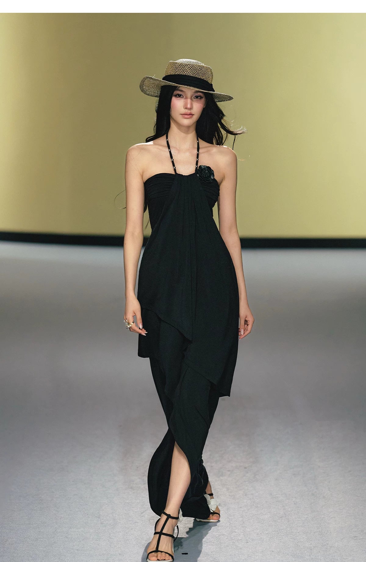 "Moonlit Reverie" Halter Layered Maxi Dress (Black/ Blush Pink)