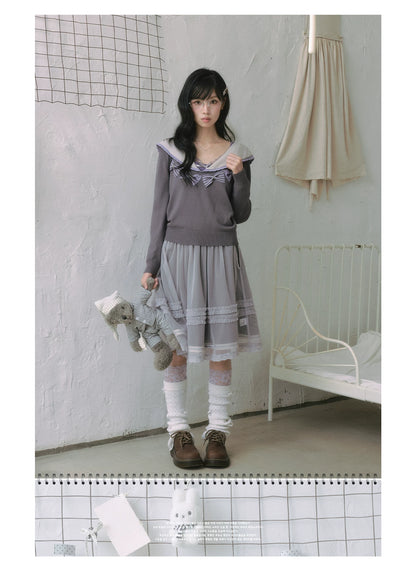 "Sage Whisper" Ethereal Layered Collection (Sailor Knit Sweater / Pleated Midi Skirt / Mesh Overlay Skirt)