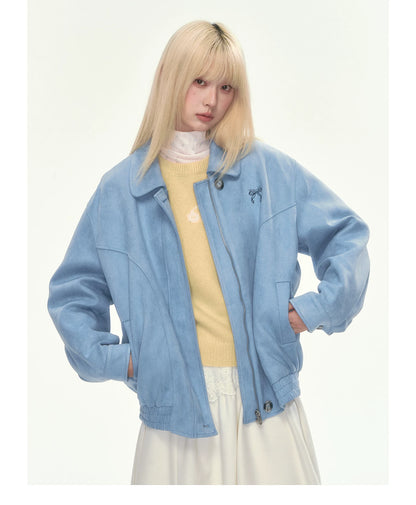 [CAN] Dusty Blue Suede Bow Embroidery Jacket