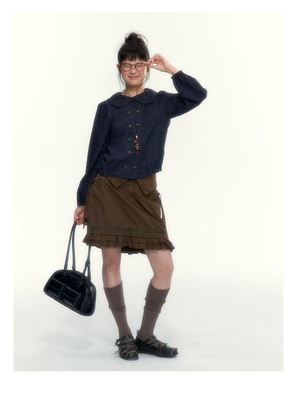 “Academy Melody” Navy Plaid & Dusty Purple Peter Pan Collar Cotton Shirt (Navy Plaid / Dusty Purple)