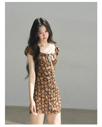 "Wildflowers & Freedom" Mocha Mousse Floral Puff Sleeve Mini Dress