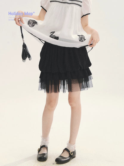 "Black & White Sonata" Polka Dot Mesh Tiered Jellyfish Skirt (White/ Black)