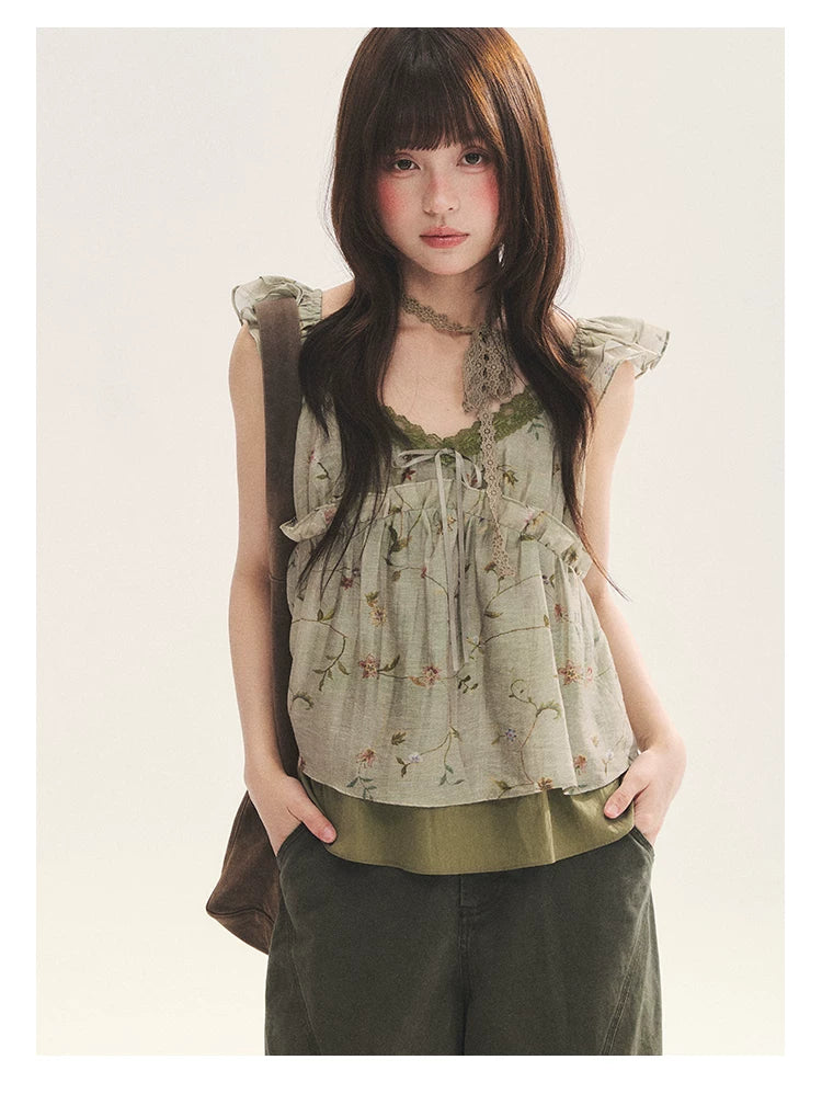 "Enchanted Forest" Moss Green Floral Lace Ruffle Cami Top