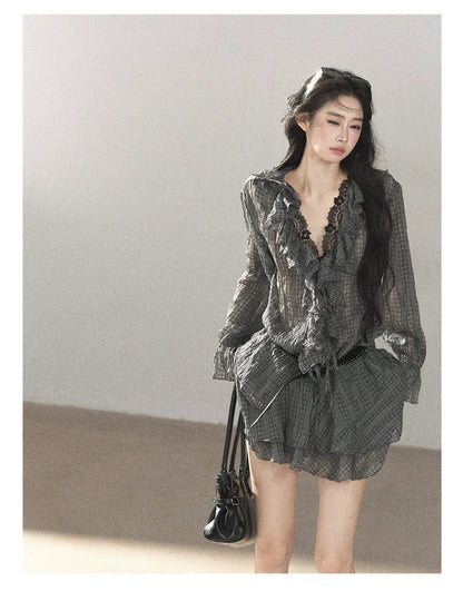 AOMALM - "Gray Check & Wild Wind" Ruffle Top & Mini Skirt Set (With Belt)