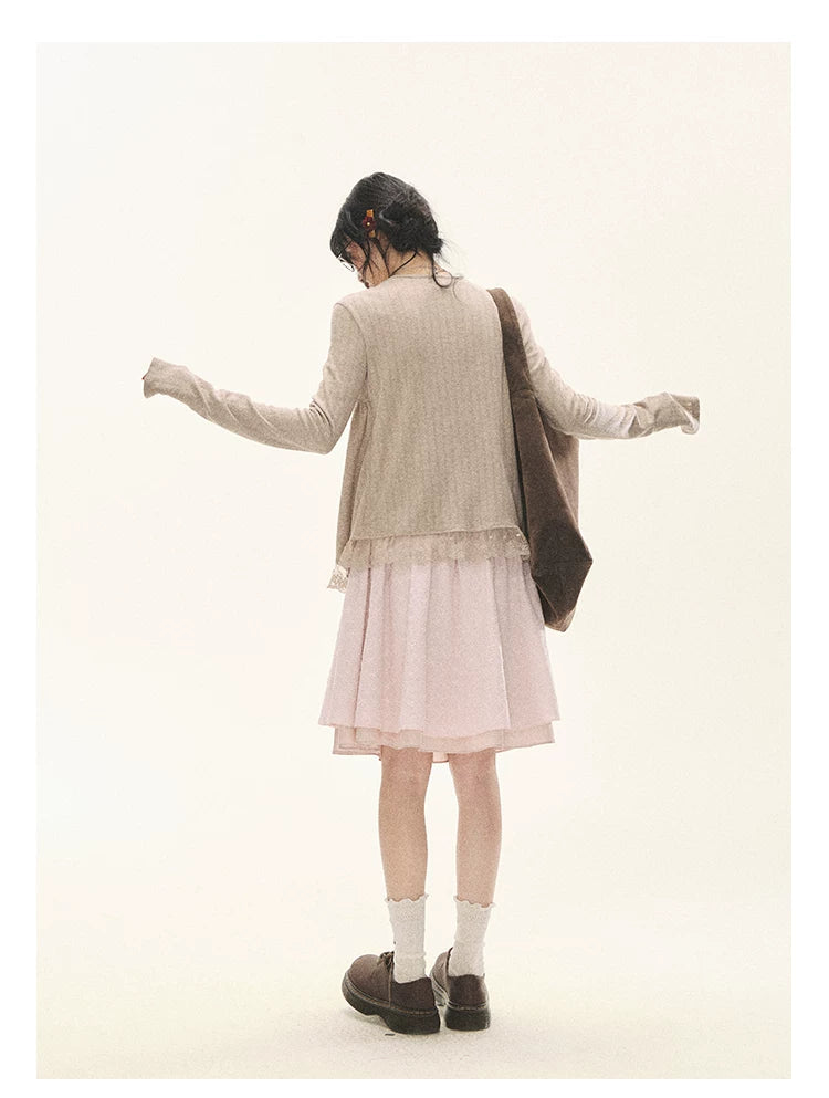 "Roasted Tea Heart" Milk Tea Faux-Layer Lace Cardigan & Skirt Set