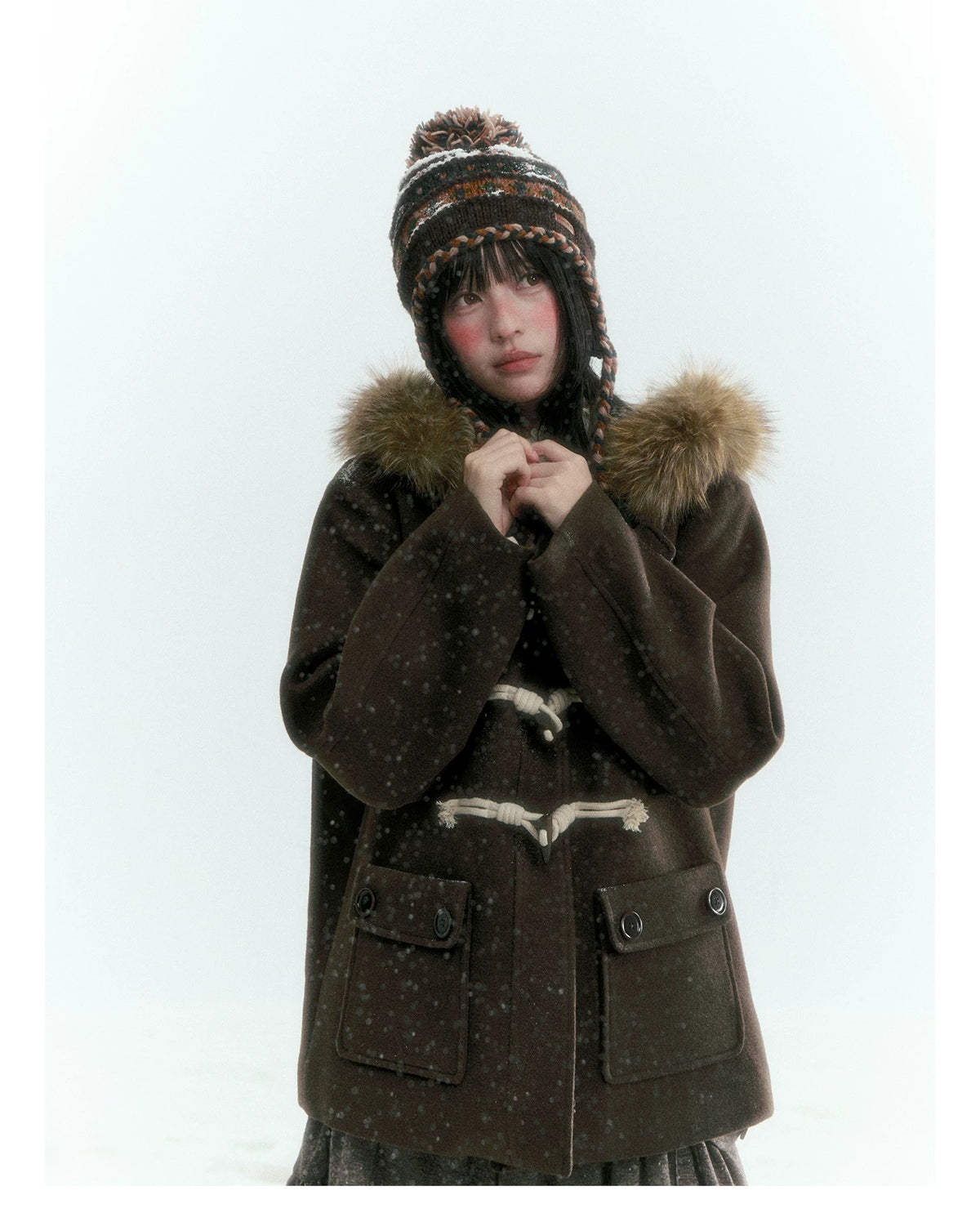 Horridale - Dark Coffee Brown Cropped Hooded Toggle Coat with Detachable Faux Fur Collar