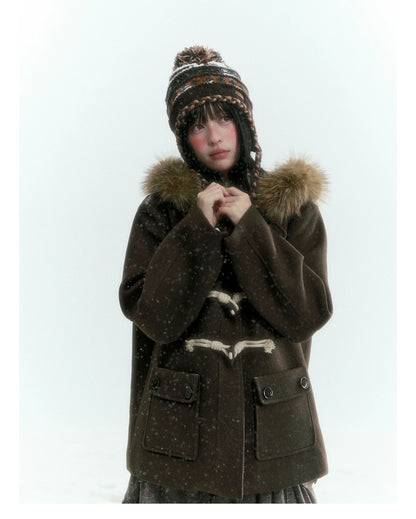 Horridale - Dark Coffee Brown Cropped Hooded Toggle Coat with Detachable Faux Fur Collar