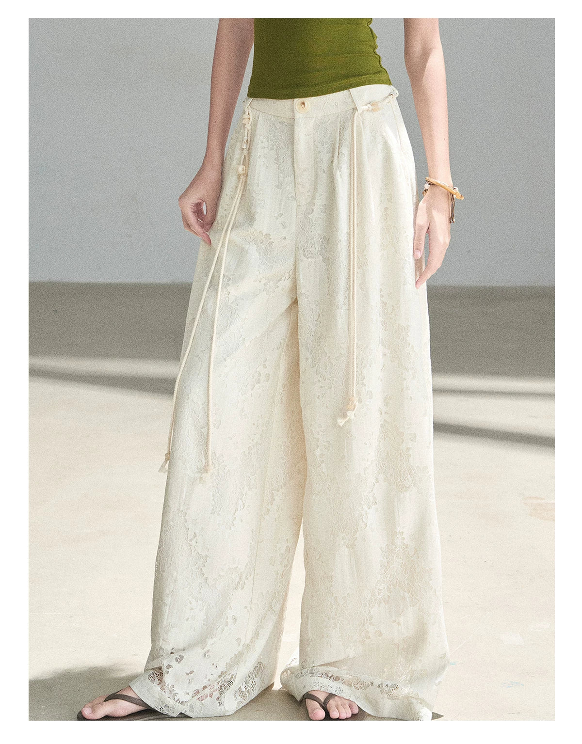 "A Love Letter to Sunlight" Dutch Cream Lace Wide-Leg Pants (With Matching Waist Rope)