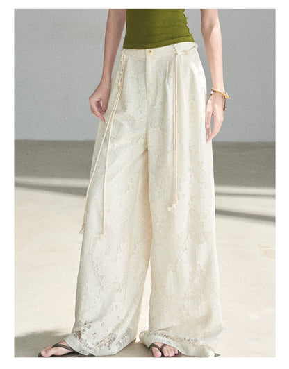 "A Love Letter to Sunlight" Dutch Cream Lace Wide-Leg Pants (With Matching Waist Rope)