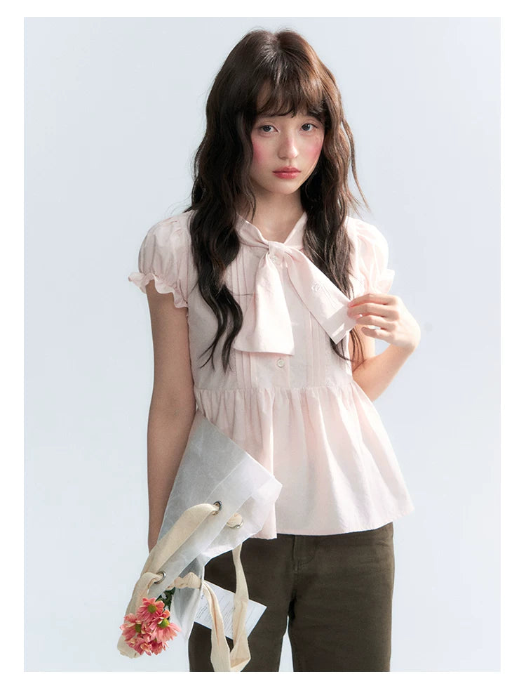 "Rosy Whisper" Dusty Pink Bow Embroidered Puff Sleeve Blouse
