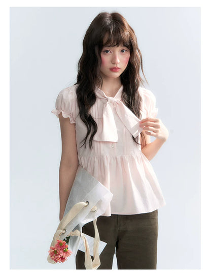 "Rosy Whisper" Dusty Pink Bow Embroidered Puff Sleeve Blouse