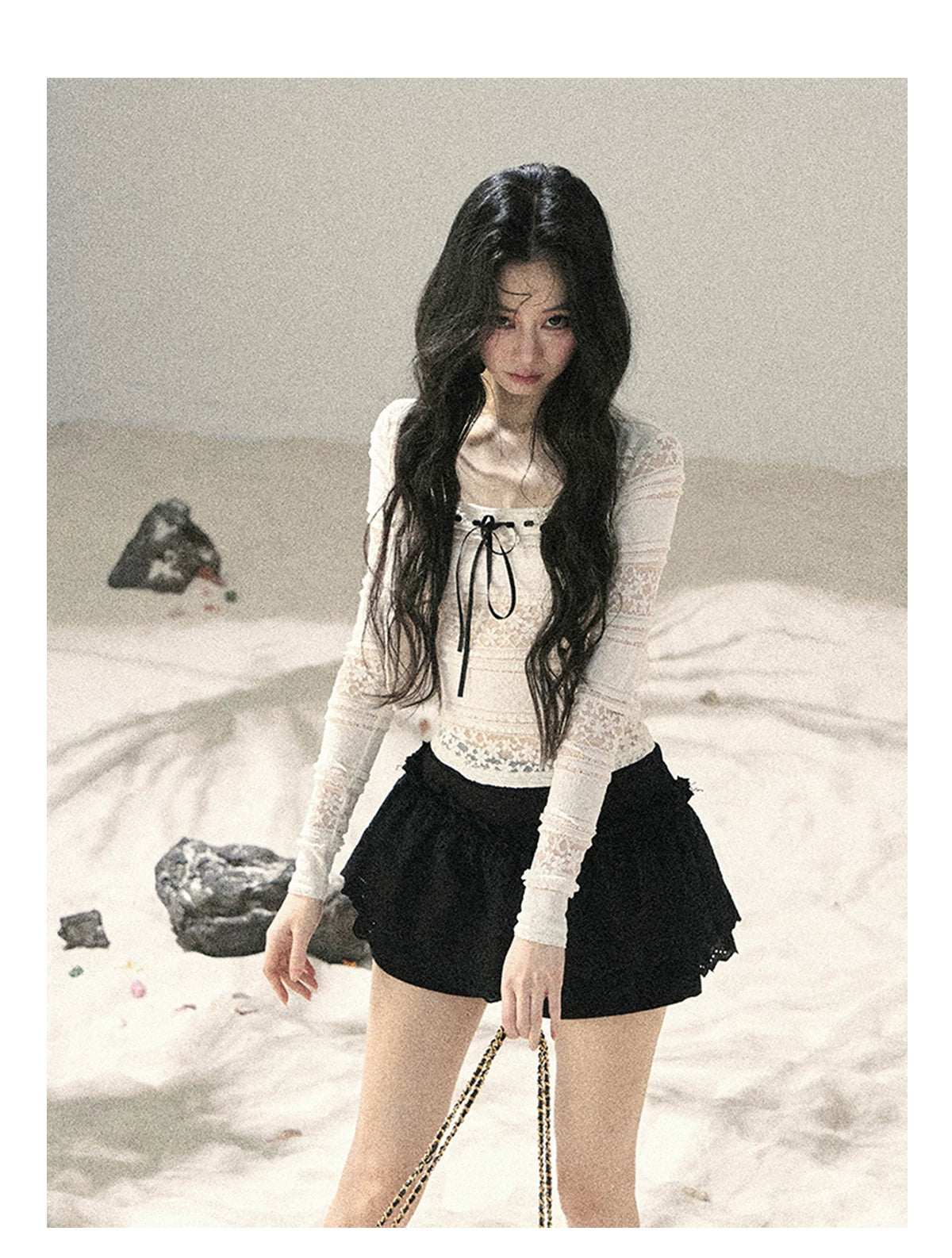 "Summer Shimmer Reverie" Creamy Oat White Lace Cutout Cardigan & Camisole Set 5864536513