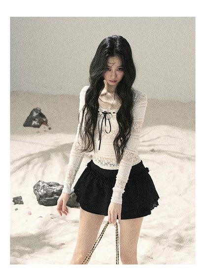 "Summer Shimmer Reverie" Creamy Oat White Lace Cutout Cardigan & Camisole Set 5864536513