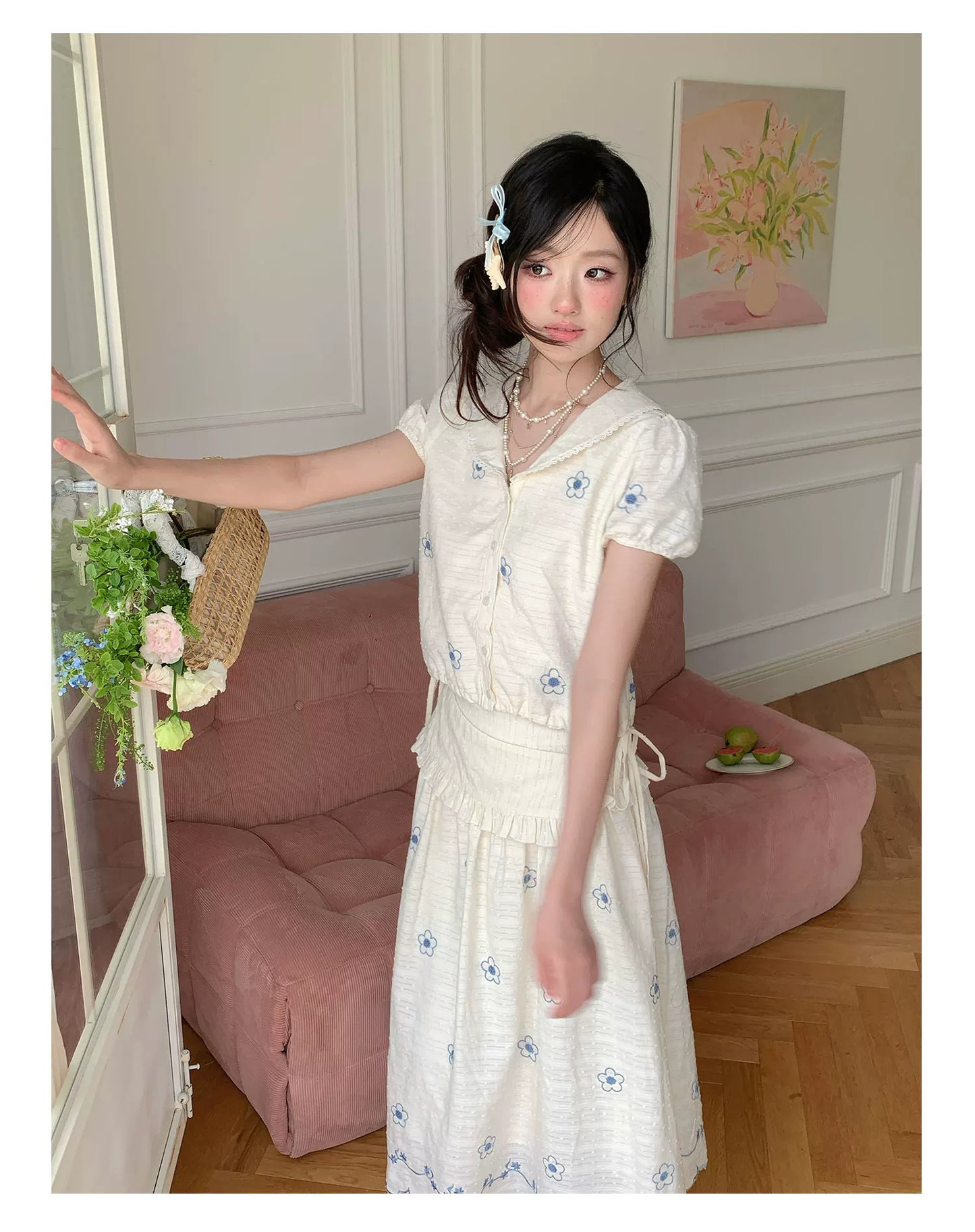 “Flower Sugar Soufflé” Cream Floral Embroidered Skirt Set
