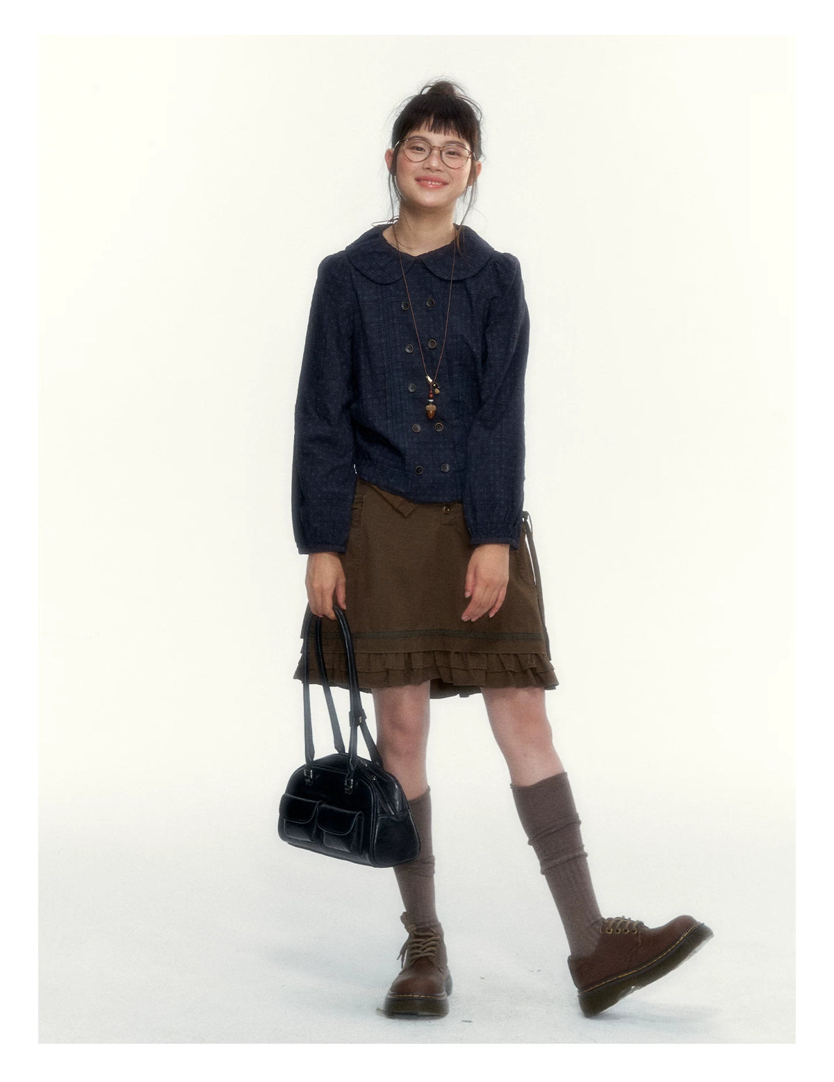 “Wild Caramel” Brown Washed Layered Ruffle Bow Pocket A-Line Skirt