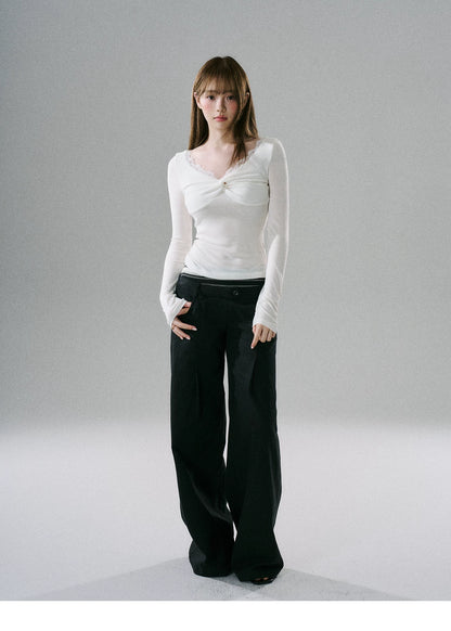 LOST FOREST - Lace Twist-Font Fitted Top (Cream White / Goose Yellow)