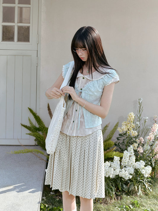 "Blooming Branches" Fresh Layered Collection (Mint Green Tie-Front Cardigan / Oat Blouse / Beige Polka Dot Skirt)