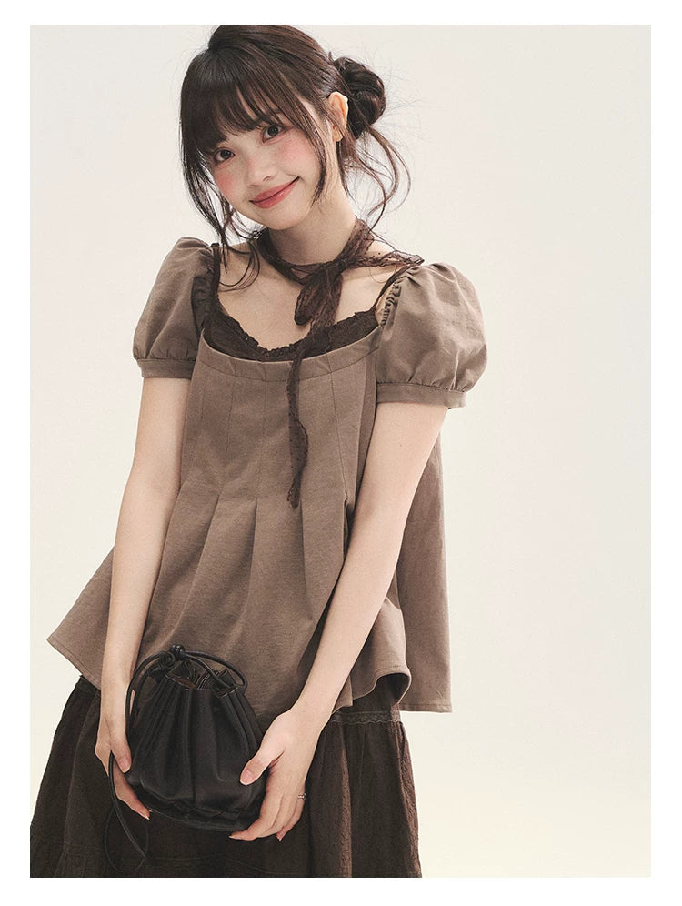 "Tea Brown Reverie" Tea Brown Off-Shoulder Puff Sleeve Knit Top
