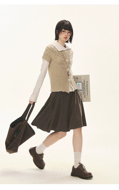 "Cotton Ruffle" Tea Apricot Asymmetric Knit Cardigan