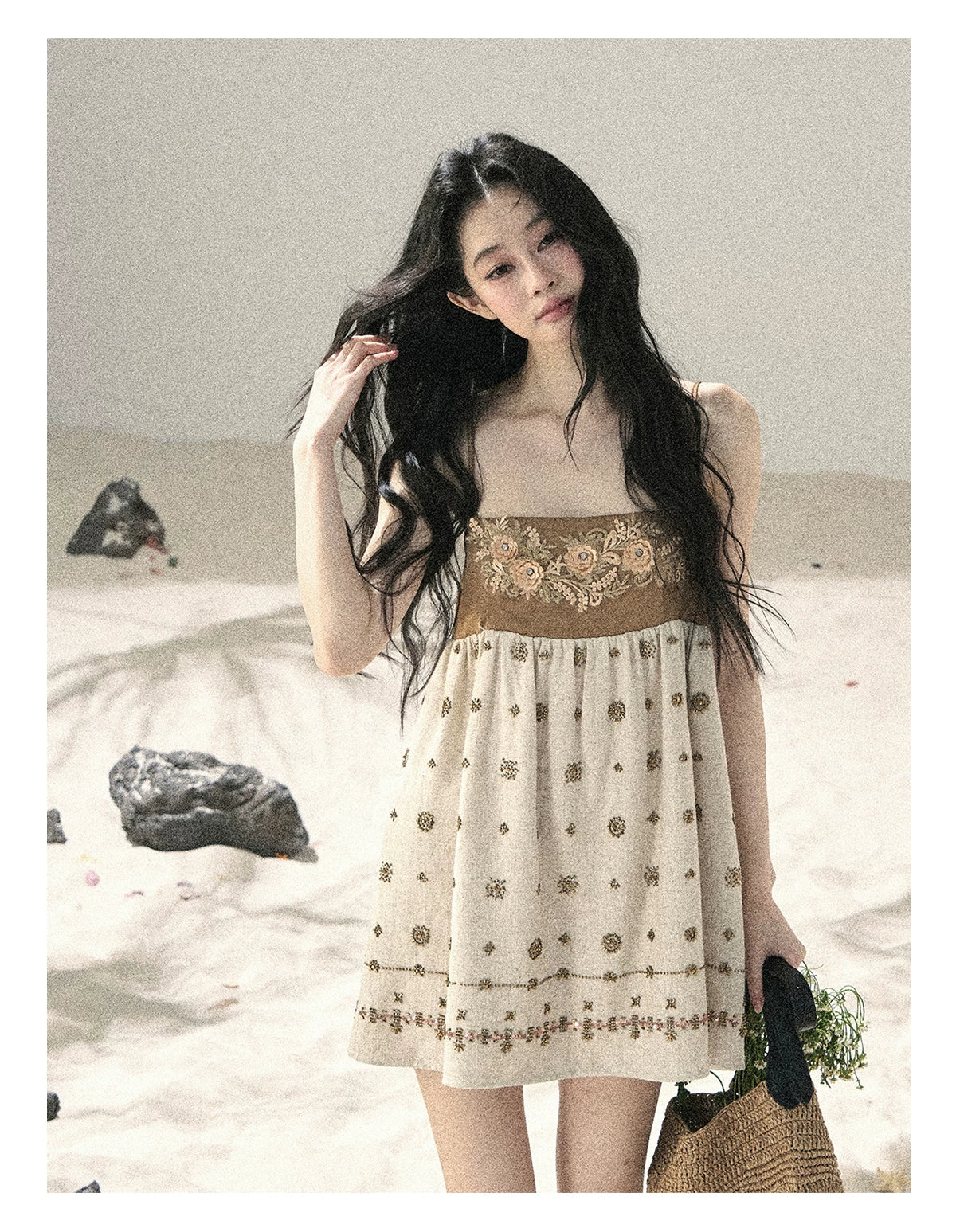 "Whispers Through the Wheat Fields" Oat Beige Floral Cami Babydoll Mini Dress