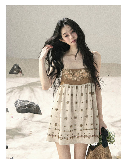 "Whispers Through the Wheat Fields" Oat Beige Floral Cami Babydoll Mini Dress