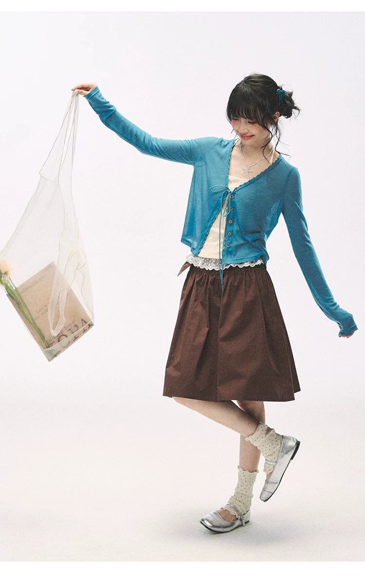 "Comfort Corner" Tie-Front Knit Cardigan (Melon Green/ Peacock Blue)