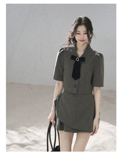"Paris Afternoon" Slate Gray Bow Top & A-Line Mini Skirt Two-Piece Set