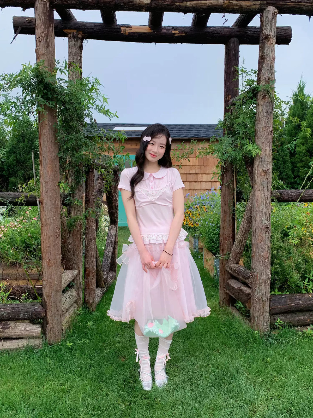 [RF] “Peach Petal Reverie” Peach Pink Doll Collar Top & Tulle Skirt Set
