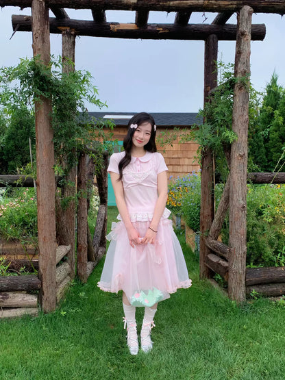 [RF] “Peach Petal Reverie” Peach Pink Doll Collar Top & Tulle Skirt Set