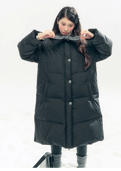 "Starry Night Little Witch" Black Long Down Coat with Detachable Bunny Bow Collar