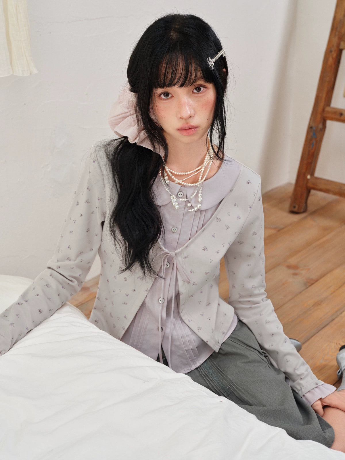 DAILY ARTIST - Purple Floral Faux-Layered Doll-Collar Knit Cardigan