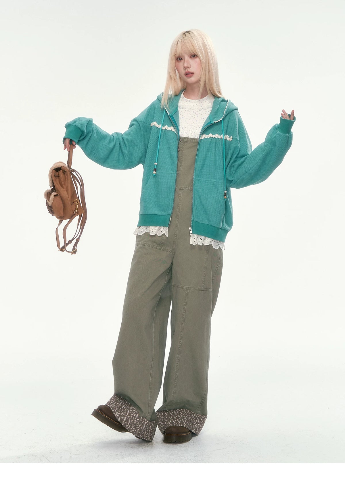 [CAN] Green Lace-Trim Waffle Knit Zip-Up Hoodie
