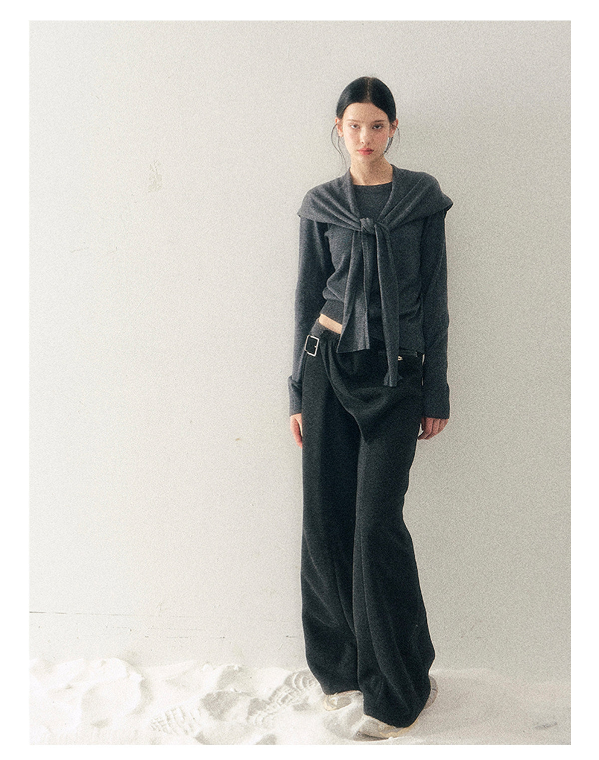 040126 "Orlane Academy" American Preppy Knit Top & Shawl Set - Paris Gray