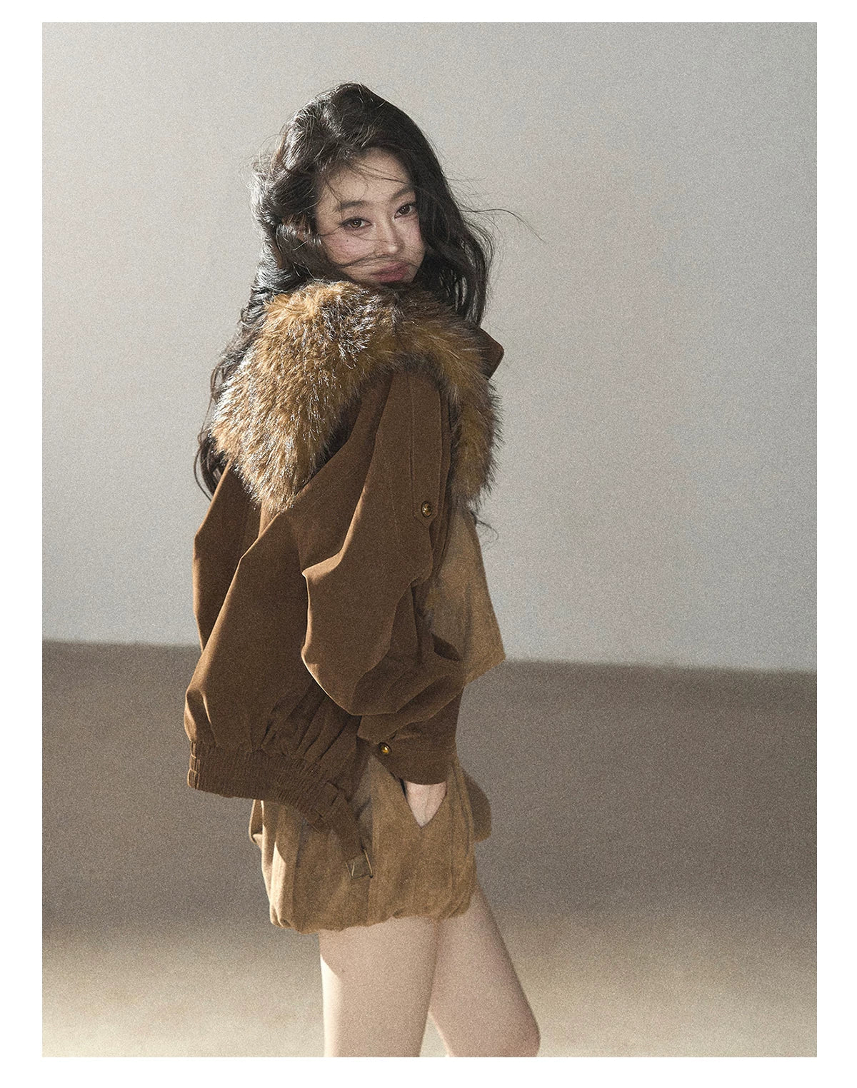 AOMALM - “Velvet Collar in the Evening Breeze” Chestnut Brown Faux Fur Shawl