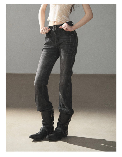 170726 "Her Quiet Shore" Rock Black Mid-Rise Flared Jeans