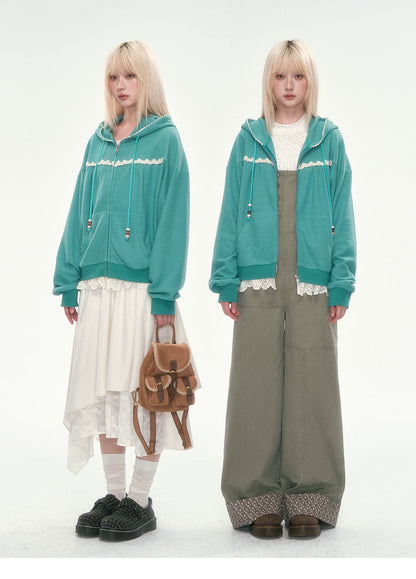 [CAN] Green Lace-Trim Waffle Knit Zip-Up Hoodie
