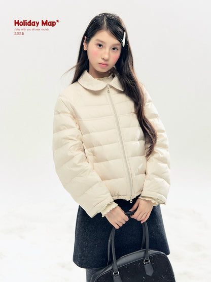 "Lily of the Valley Keepsake" Cropped Down Puffer Jacket (Pearl Beige/ Cloud Blue)