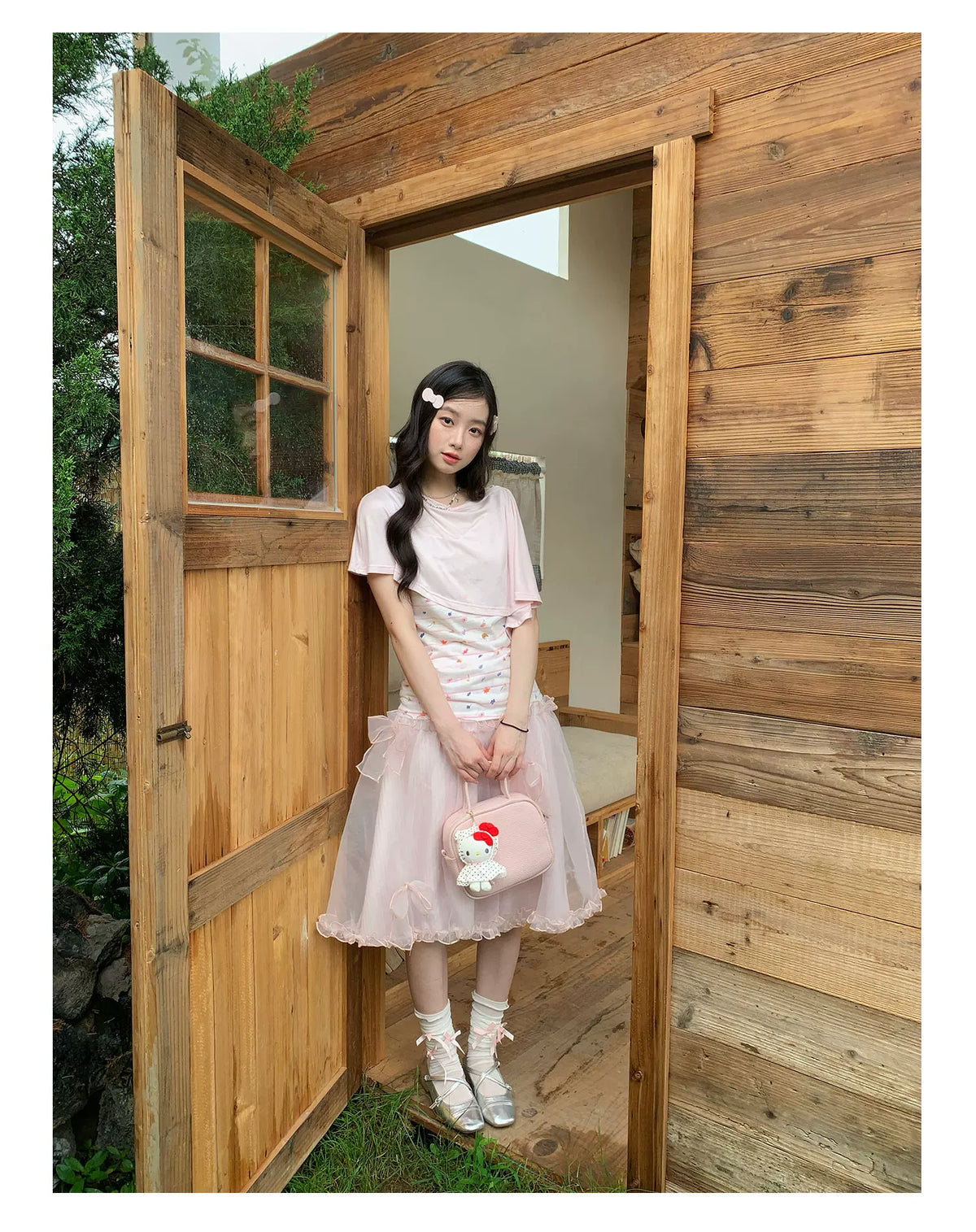 [RF] “Peach Blossom Layers” Peach Pink Striped Floral Print Short-Sleeve T-Shirt
