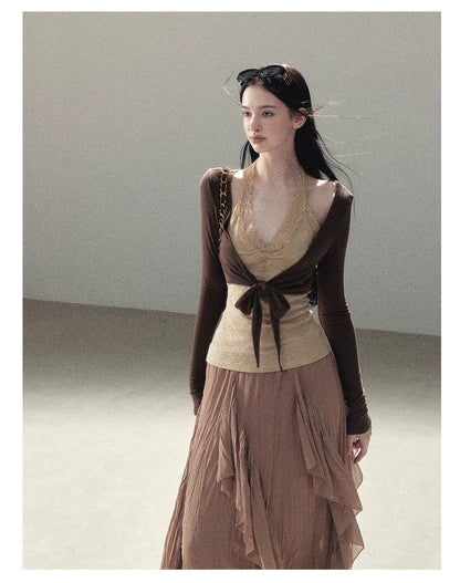 AOMALM - "Tender in This Moment" Rich Cocoa Faux Two-Piece Lace Top