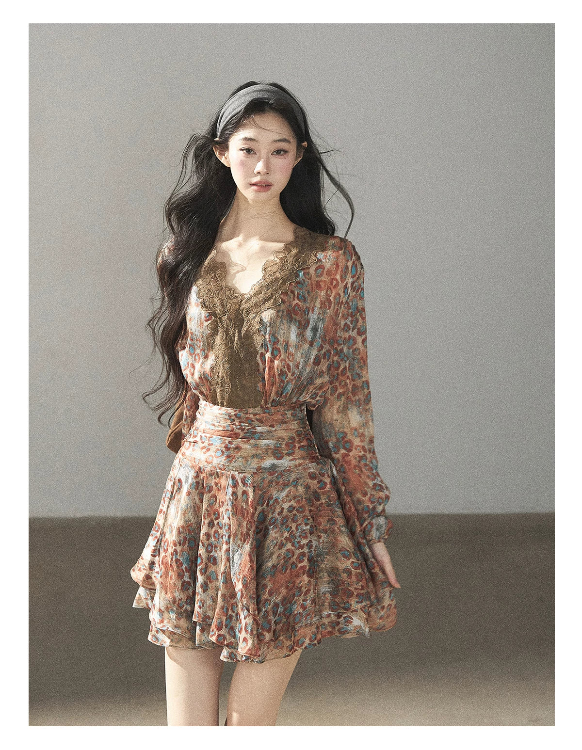 AOMALM - “Whispers of Withered Branches” Rich Cocoa French Lace Chiffon Mini Dress with Tights