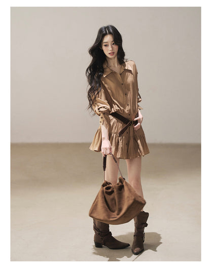 170726 "Through the Golden Wheat Fields" Chestnut Brown Utility Shirt Mini Dress with Belt & Shorts