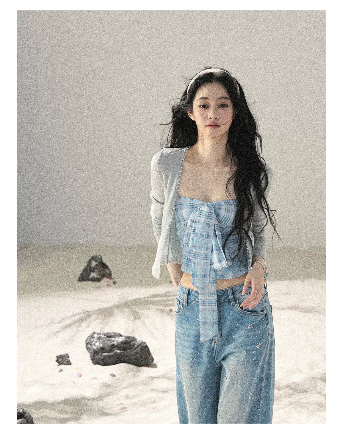 "Blue Danube Reverie" Mist Blue Bow Bandeau Crop Top & Cardigan Set 54638463