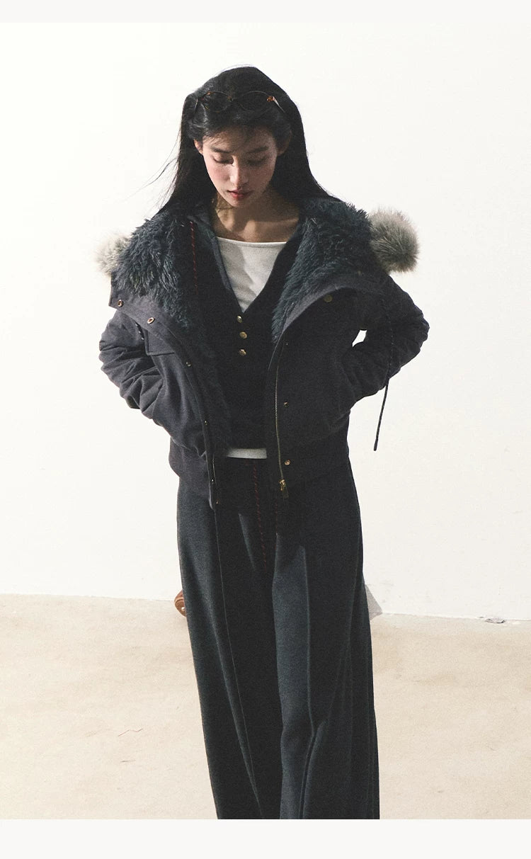 OAKMOO/ "Energy & Freedom" Mocha Gray Fur-Collar Cropped Hoodie Jacket