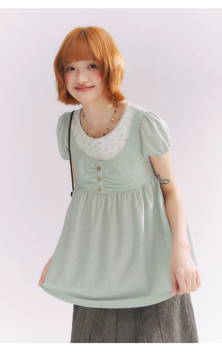 “Vintage Layered Charm” Mint Green Floral Layered Puff Sleeve T-Shirt